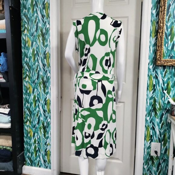 Banana Republic Geometric Preppy Twee Knee Length Wrap Dress Green/White Large - Picture 4 of 13